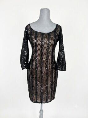 GUESS Los Angeles Black Sequin Dress Size 4 Scallop Bodycon Cocktail Party 3/4